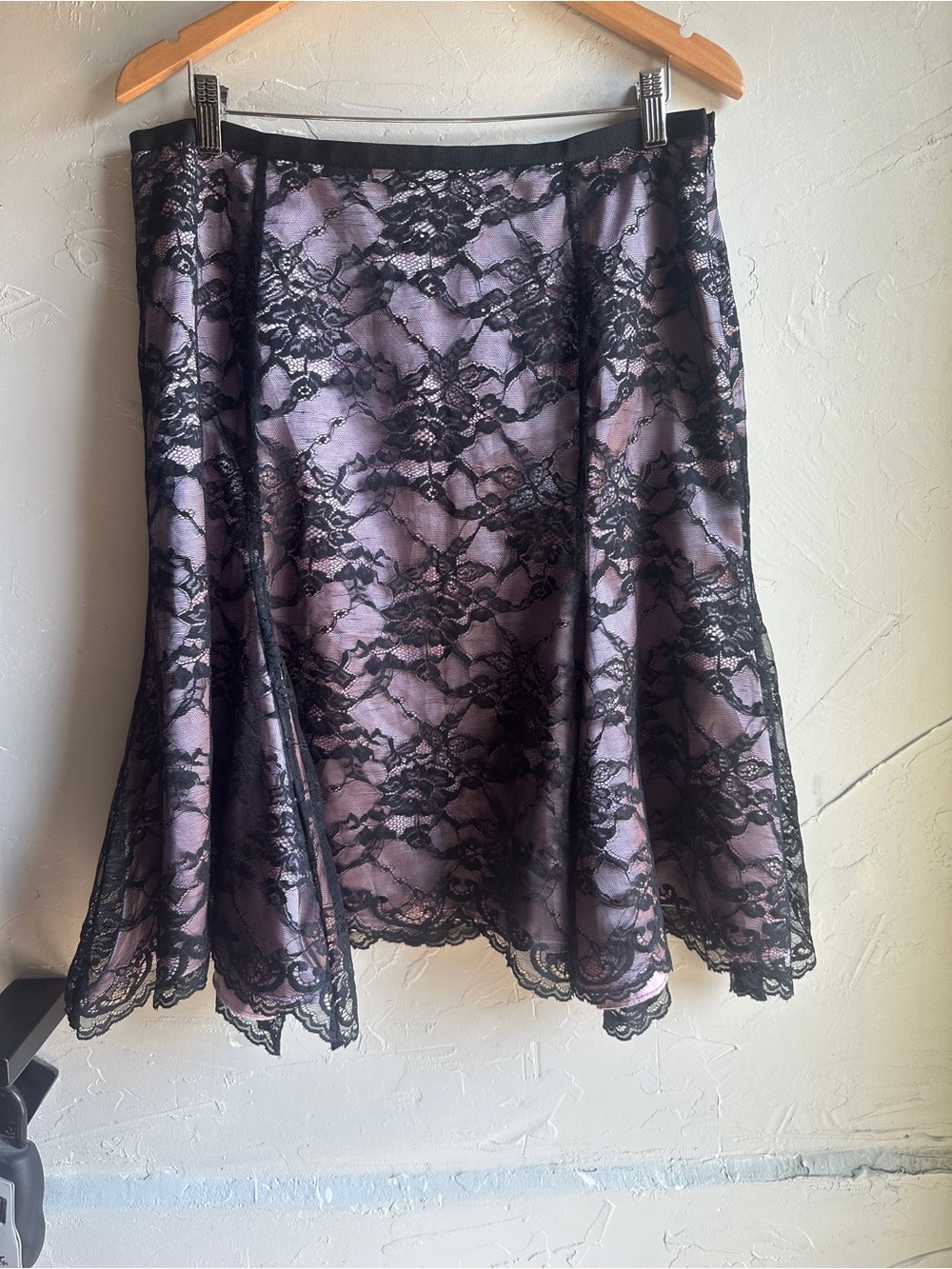 Alfani Black Lace Overlay Fit & Flare Midi Skirt Satin Romantic WhimsiGoth Sz 14